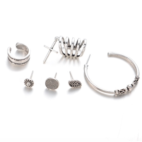 Boho Leaf Circle Cross Wrap Ear Cuff Stud Earrings - Picture 3 of 5